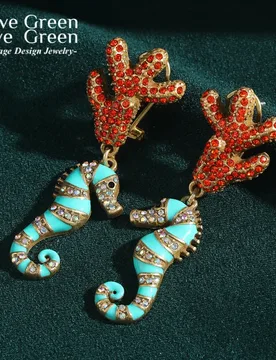 Vintage Blue Seahorse Drop Earrings Woman Rhinestones Crystal Red Coral Enamel Animal Summer Jewelry Beach Trending 2025 New - Aliexpress - FashionsVida