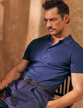 Cotton Rich Knitted Polo Shirt with Silk Navy male - David Gandy Wellwear - FashionsVida
