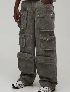 Men's Printed Washed Baggy Cargo Jeans Grey Size 34R Grey 34R - boohooMAN - FashionsVida
