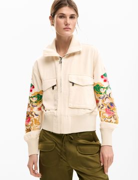 Chaqueta patch flores, Mujer, Viscosa, Blanco, XS