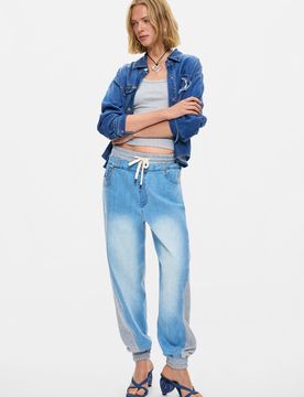 Pantalón vaquero jogger, Mujer, Algodon, Azul, XS