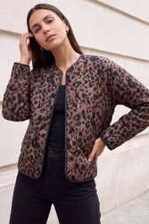 Animal Print Flock Quilted Jacket - Brown - Size: 20
