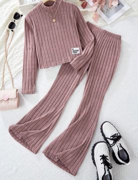 Piezas Conjunto informal para niña preadolescente con top de cuello alto acanalado de manga larga y pantalones acampanados, otoño/invierno