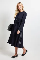 Womens Petite Side Stripe Tie Waist Midi Dress - Navy - Size 16 Uk