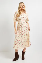 Women's Yellow Ditsy Collared Button Detail Puff Sleeve Midi Dress Size: 18 - Yellow - Size: 18