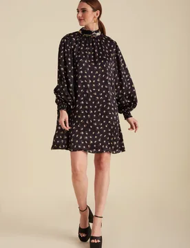 Molly High Neck Moonflower Print Mini Dress In Navy - 6 - Lily and Lionel London Limited - FashionsVida