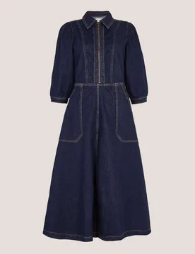 Denim Zip Front Midi Skater Dress Indigo female - Monsoon - FashionsVida