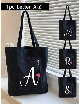 Bolso Tote con Patrón de Letras Florales de Rosas A-Z con Bolsillo con Cremallera, Bolso Tote Casual de Lona para Mujeres, Adecuado para Vacaciones, - Shein - FashionsVida
