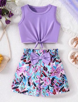 Conjunto de 2 piezas para niñas jóvenes con top sin mangas casual y shorts a rayas con diseño de lazo 3D