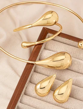 Geometric Teardrop Necklace Bracelet Set Gold Tone Minimalist Water Drop Jewelry High Polish Statement Accessory Art Look Set - Aliexpress - FashionsVida