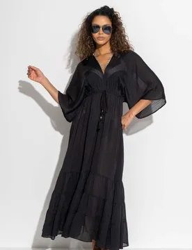 Tassel Trim Tiered Maxi Kaftan Black female - Pour Moi - FashionsVida