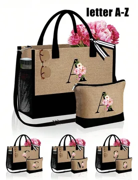 Bolso de mano con estampado de letras A-Z de begonia rosa con correa para el hombro y bolsa de cosméticos, bolsa de regalo personalizada con bolsillo - Shein - FashionsVida
