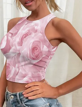 Pink Rose Crop Tank Top, Floral Print Sleeveless Shirt, Summer Casual Blouse for Women, S-2XL - Aliexpress - FashionsVida