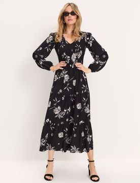 Abito midi in viscosa con effetto a balze e stampa floreale - multicolor
