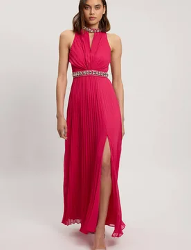 Women's Crystal Embellished Woven Split Maxi Dress in Hot Pink Size: 16 - Hot Pink - Size: 16 - Karen millen - FashionsVida