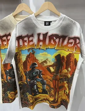Unisex Oversize Personalized Cotton T-shirt Retro Desert Robot Graphic T-shirts for Men Rhinestone Border Fade Wash Casual Tee - Aliexpress - FashionsVida