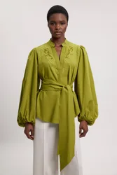 Women's Poplin Embroidered Detail Belted Blouse in Khaki Size: 12 - Khaki - Size: 12