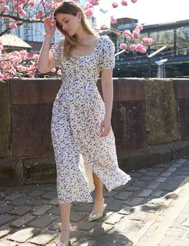 April Button Front Floral Print Midi Dress In Multi - 8 - Lily and Lionel London Limited - FashionsVida