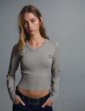 Pull Col En V Brodé S Gris