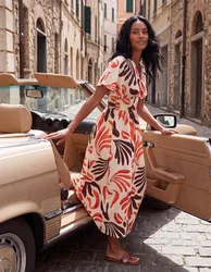V Neck Abstract Leaf Print Dress - S / ORANGE - female