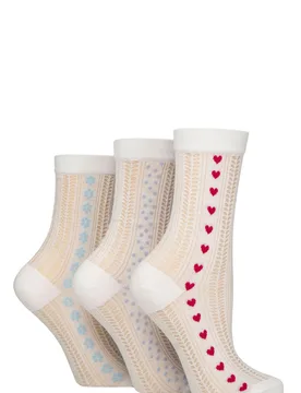 Women's 3 Pair SOCKSHOP Cotton Sheer Pelerine Pop Socks White Heart / Spots / Flowers 4-8 Women's - White - Size: Small - Wildfeet - FashionsVida