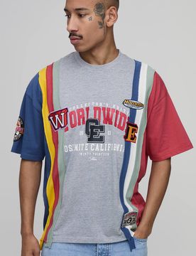 Herren Sammler-Edition Übergroßes Gestreiftes Besticktes Oberteil Grey Marl Größe 5XL