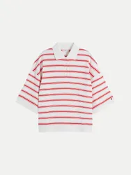Oversized Polo- Shirt Gestreift Weiß M