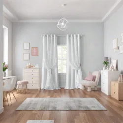 Pieza Cortinas de estilo moderno de doble capa con bloqueo de luz, cortinas blancas con bloqueo de luz, encaje suave con pompones, cortinas blancas tr