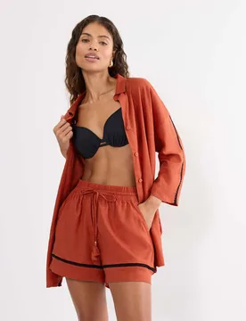 Linen Rich High Waisted Shorts Orange female - Triumph - FashionsVida