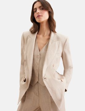 Zweireihiger Blazer mit Pattentaschen aus 100% Leinen Beige 38