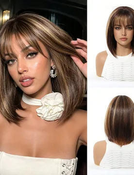 Peluca Bob de 12 pulgadas de color piano, peluca corta y recta con flequillo, peluca sintética tejida, resistente al calor, de aspecto natural, hermo - Shein - FashionsVida