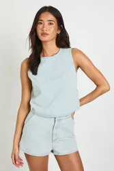 Womens Boxy Denim Vest Top - Blue Cotton - Size 12 Uk