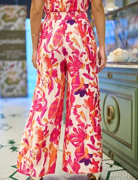 Women's Pink Abstract Floral Wide Leg Trousers Size: 12 - Pink - Size: 12 - Yumi - FashionsVida