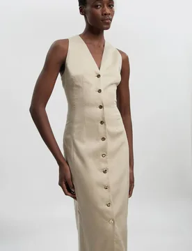 Women's Tailored Linen Corset Back Detail Maxi Dress in Stone Size: 10 - Stone - Size: 10 - Karen millen - FashionsVida