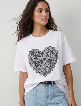 T-shirt in cotone con applicazione in pizzo - bianco