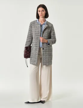 Caban midi bianco e nero in stuoia di misto cotone con scollo tondo - Hlo! - FashionsVida