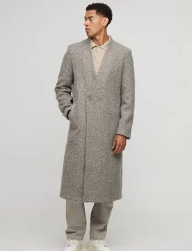 Men's Oversized Longline Double Breasted Collarless Melton Overcoat Brown Size Large Brown L - boohooMAN - FashionsVida