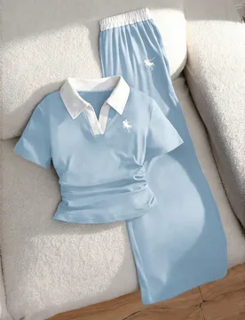 Conjunto de camiseta de polo de manga corta y pantalones de bloqueo de color casual para niñas preadolescentes, verano - Shein - FashionsVida