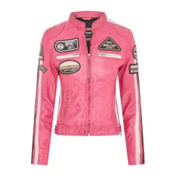 Womens Biker Racing Badges Fuschia Jacket-Eastleigh Lamb Leather - Size Large