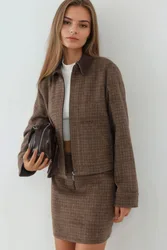 Womens Plaid Patterned Wool Blend Jacket With Suede Collar - Multicolour - Size 2xl