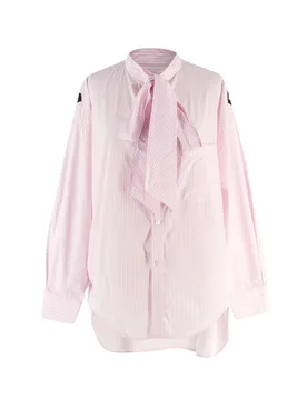 Pink Striped Shirt with Neck Tie and Logo Detail - Balenciaga - FashionsVida