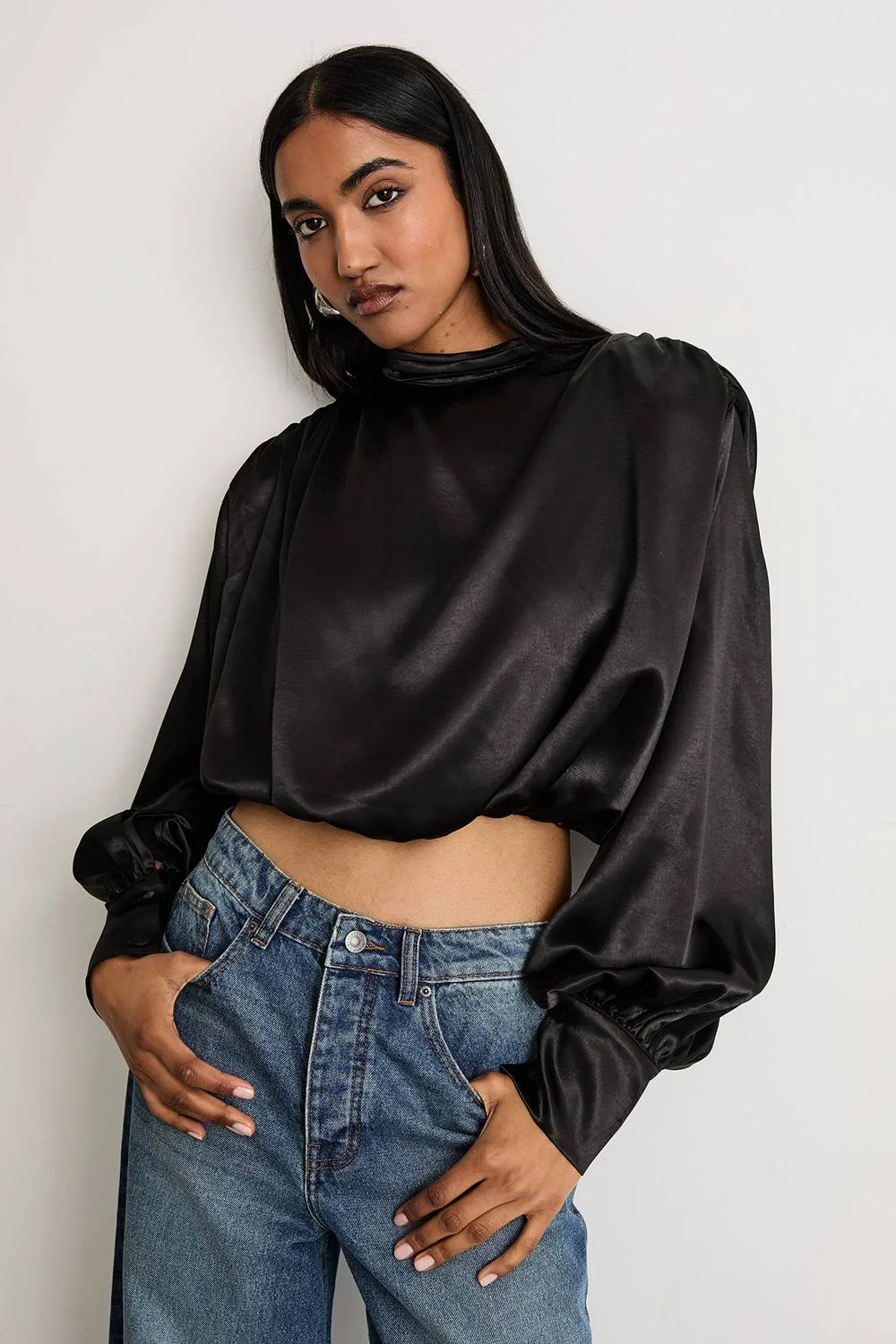 Extreme Shoulder Draped Satin Blouse - Black - Size: 8 - Warehouse - FashionsVida