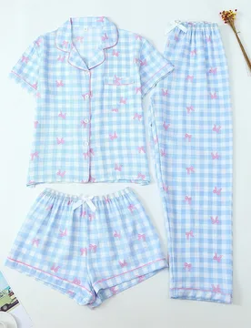 Conjunto de pijama de 3 piezas para mujer con top de manga corta con cuello y estampado de lazo a cuadros azul & blanco, pantalones largos con lazo & - Shein - FashionsVida