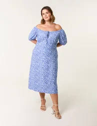 Curve Ditsy Print Milkmaid Stretch Crepe Midi Dress - 18-20 / BRIGHT BLUE - female