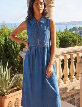 Women's Collared Front Zip Midi Dress in Mid Blue Size: 12 - Mid Blue - Size: 12 - Roman - FashionsVida