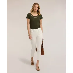 Pantalones de mujer slim en drill de algodón ajuste skinny cierre frontal con botones y cremallera