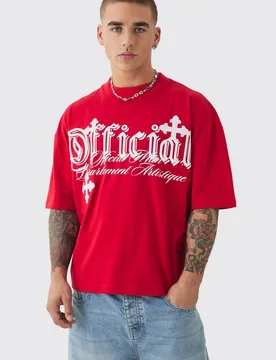 Men's Oversized Boxy Cross Applique Distressed T-Shirt Red Size Small Red S - boohooMAN - FashionsVida
