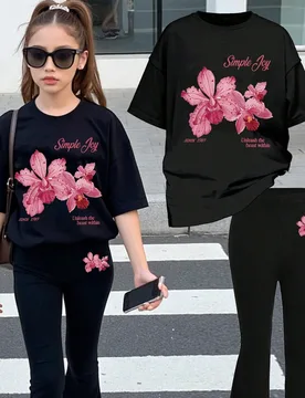 Piezas Conjunto informal para niñas con estampado alegre, blusa de manga corta suave y pantalones acampanados, conjunto de verano para niñas - Shein - FashionsVida