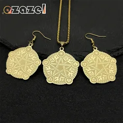 Wicca Tree of Life Geometric Pentagram Pendant Necklace Earrings Set Women Men Stainless Steel Gold Color Nordic Party Jewelry