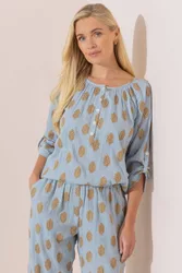 Geometric Embroidered Cotton Blouse - Blue - Size: 20